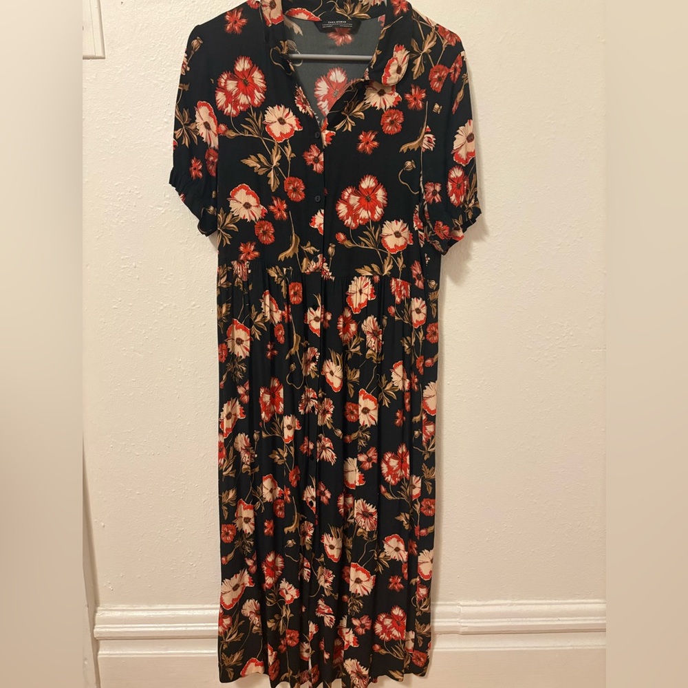 Zara Black Maxi Dress with Red Floral Design